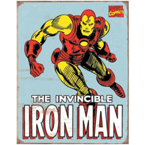 A metal sign with iron man on it.