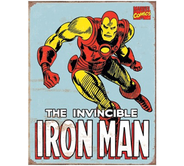 A metal sign with iron man on it.