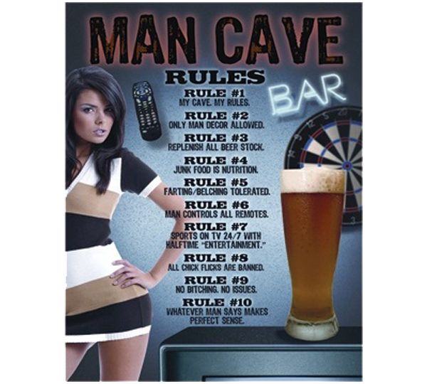 A man cave rules poster with beer and girl