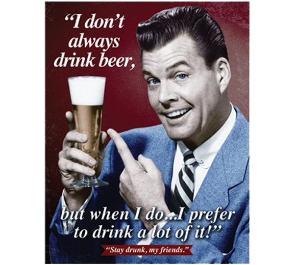 A man holding a glass of beer with a quote.