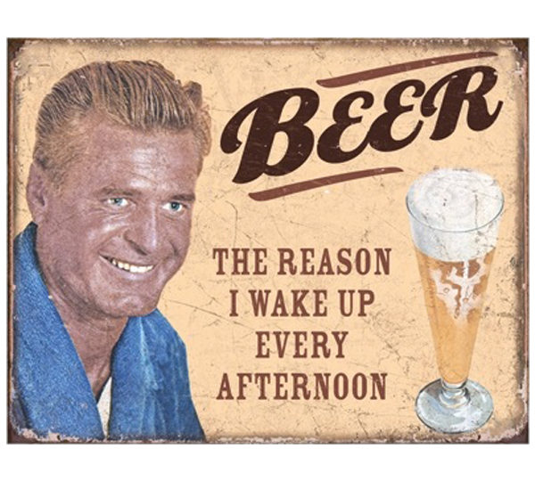 A man with an open shirt and beer sign.