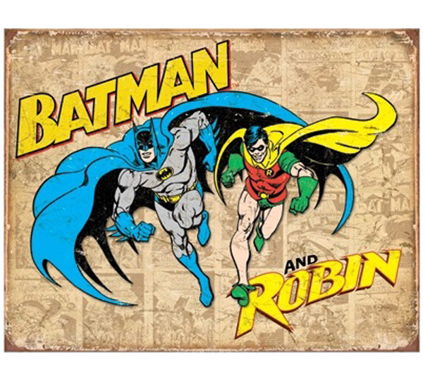 A batman and robin sign on the wall.