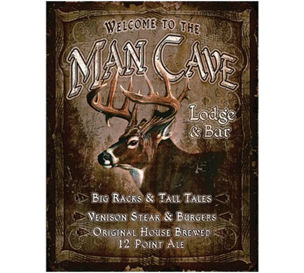 A poster of a deer with the words " welcome to man cave lodge & bar ".