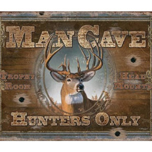 A man cave sign with a deer head on it.