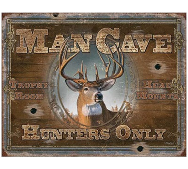 A man cave sign with a deer head on it.