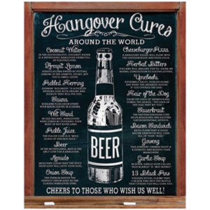 A chalkboard with the names of different types of beer.