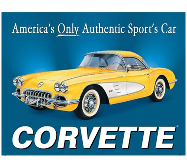 A yellow corvette is shown on the side of a blue background.