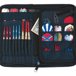 A black case with many darts and other items.