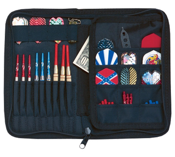 A black case with many darts and other items.