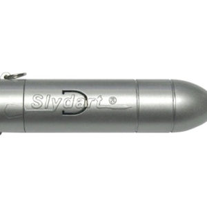 A silver pen with the word " slyde " on it.