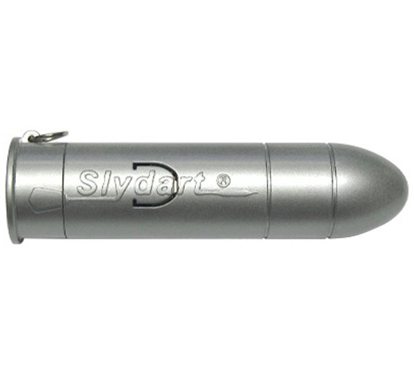 A silver pen with the word " slyde " on it.