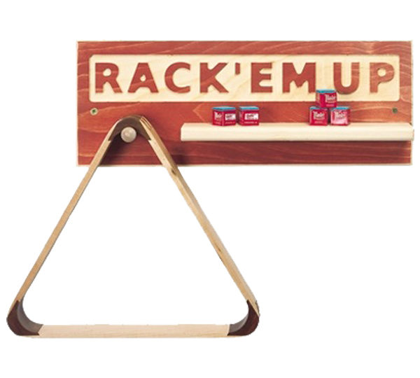 A rack ' em up triangle game with wooden racks