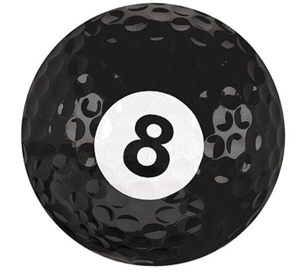 A black golf ball with the number eight on it.