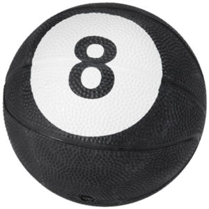 A basketball with the number eight on it.