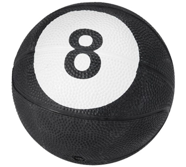 A basketball with the number eight on it.