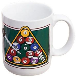 A coffee mug with a pool table and balls on it.