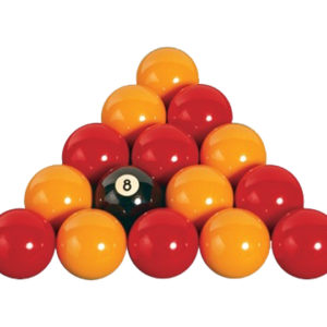 A pyramid of red and yellow balls with an eight ball in the center.