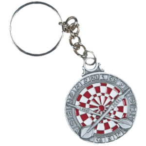 A key chain with a red and white target on it.