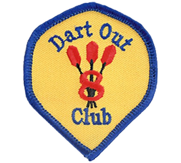 A yellow and blue patch with three darts in the middle.