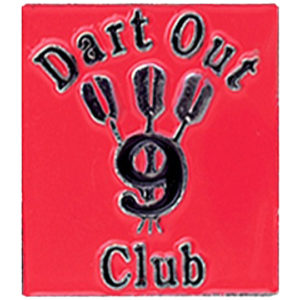 A red pin with the words dart out 9 club written in black.