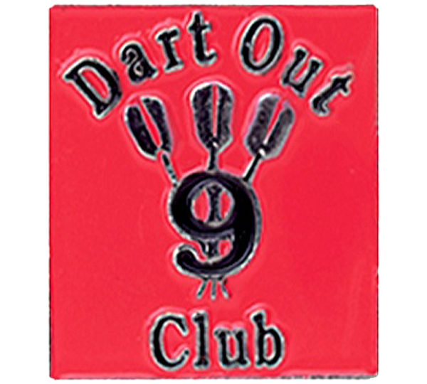 A red pin with the words dart out 9 club written in black.