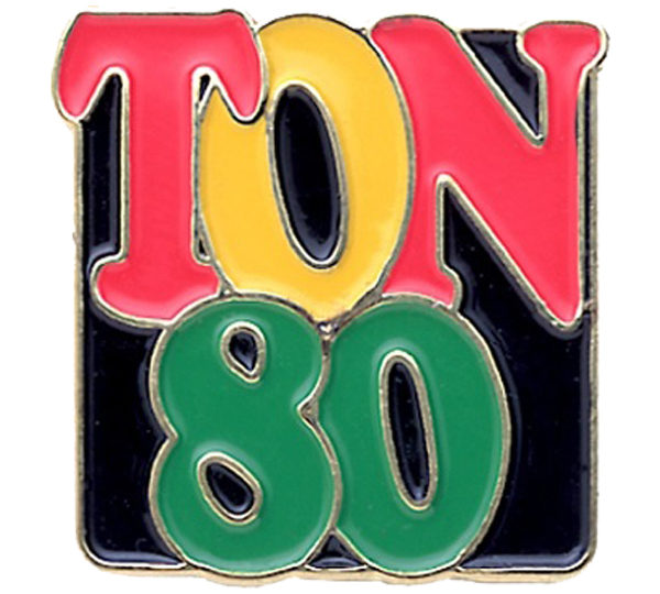 A pin that says ton 8 0 on it.