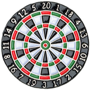 A black, white and red dart board with numbers.