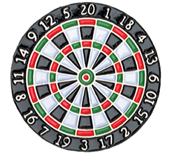 A black, white and red dart board with numbers.