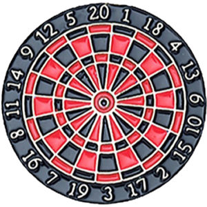 A red and black dartboard with numbers on it.