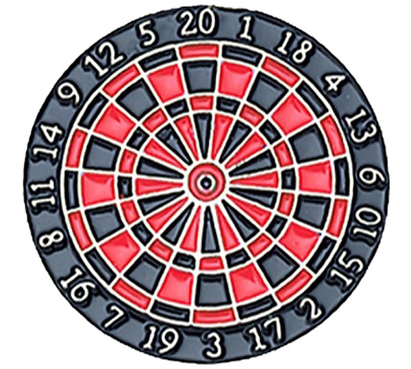 A red and black dartboard with numbers on it.