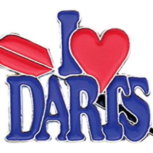 A blue and red pin with the word " i love darts ".