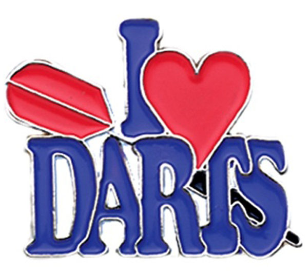 A blue and red pin with the word " i love darts ".