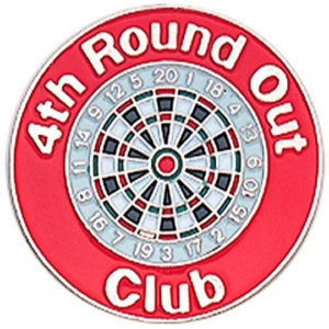 A red and white pin with the words " 4 th round out club ".