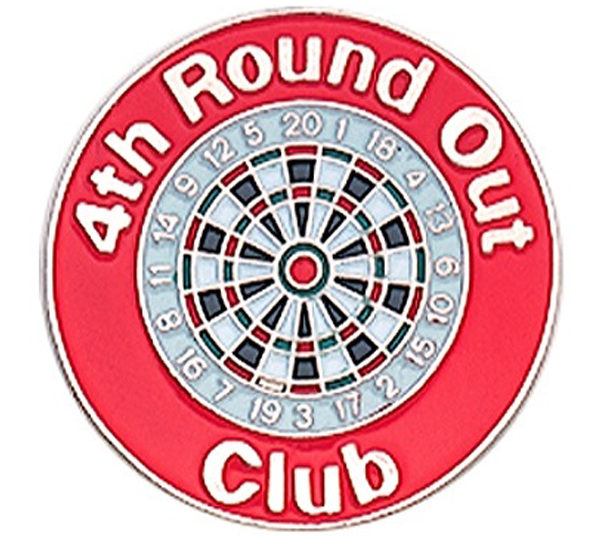 A red and white pin with the words " 4 th round out club ".