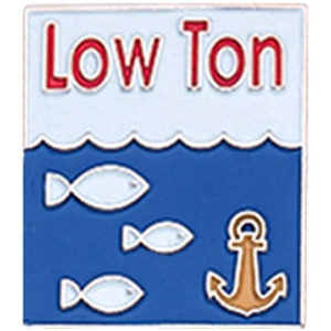 A blue and white sign with an anchor, fish and the words " low ton ".