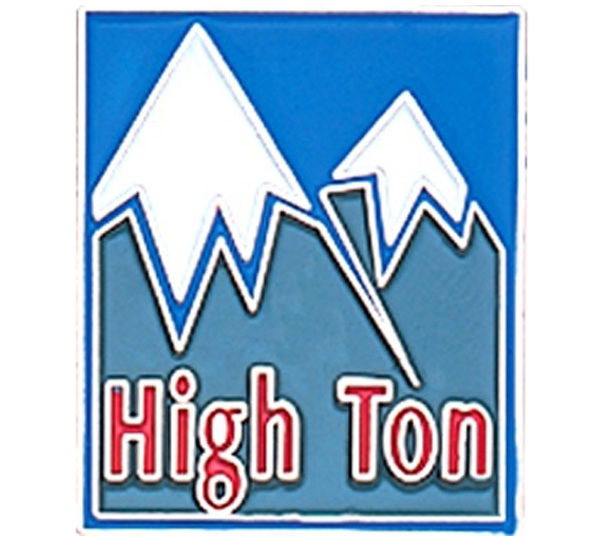 A blue and white picture of mountains with the words " high ton ".