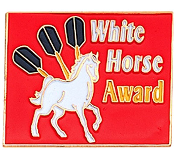 A white horse award pin with three black and gold darts.