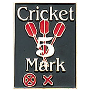 A black and red pin with the words " cricket 5 mark ".