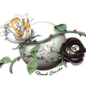 A drawing of two roses and a sphere.