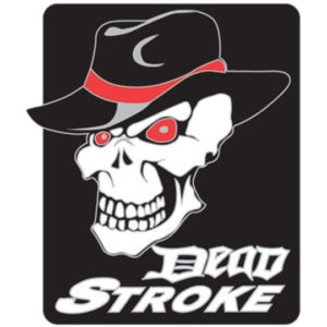 A skull wearing a hat and the words dead stroke