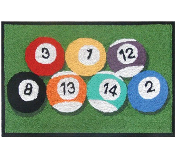 A group of eight pool balls on a green mat.