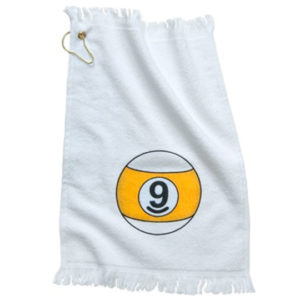 A towel with a number nine ball on it.