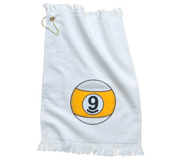 A towel with a number nine ball on it.