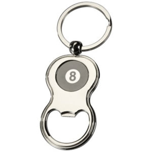 A bottle opener key chain with an eight ball on it.