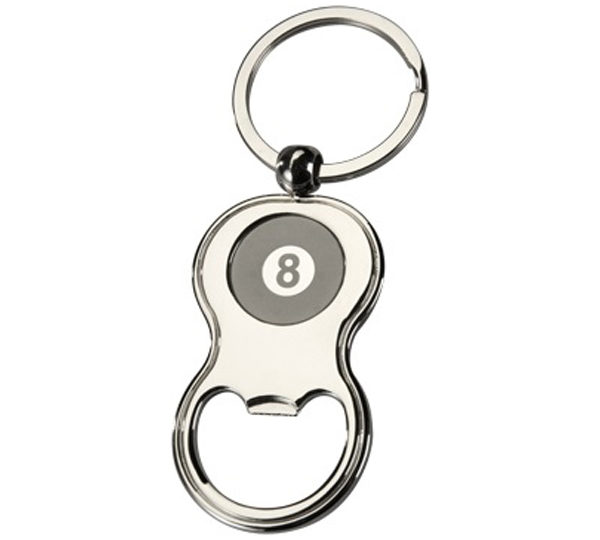 A bottle opener key chain with an eight ball on it.