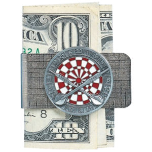 A money clip with a picture of a dollar bill and a darts board.