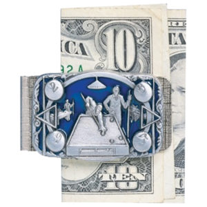 A money clip with a picture of a man in the water.