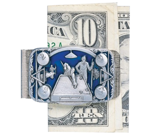 A money clip with a picture of a man in the water.