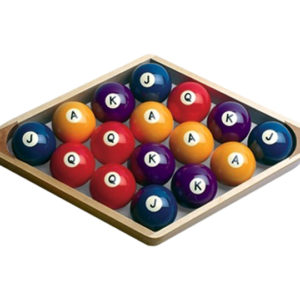 A wooden tray with colorful balls in it.