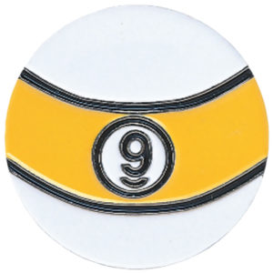 A yellow and white ball with the number nine on it.